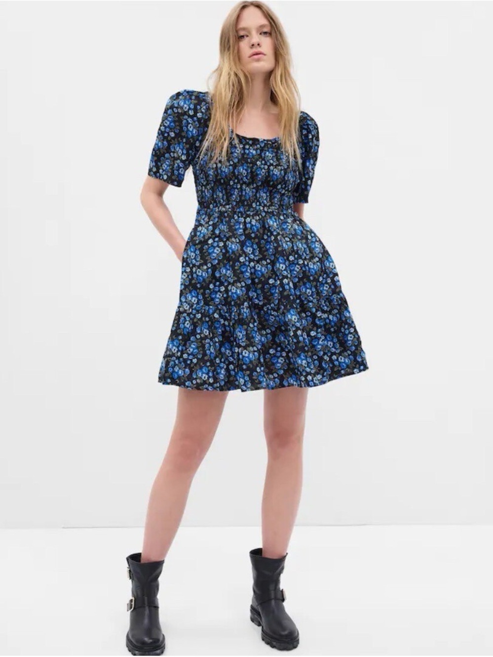 GAP Blue Floral Cottagecore Preloved Smocked Waist Mini Dress Size Small